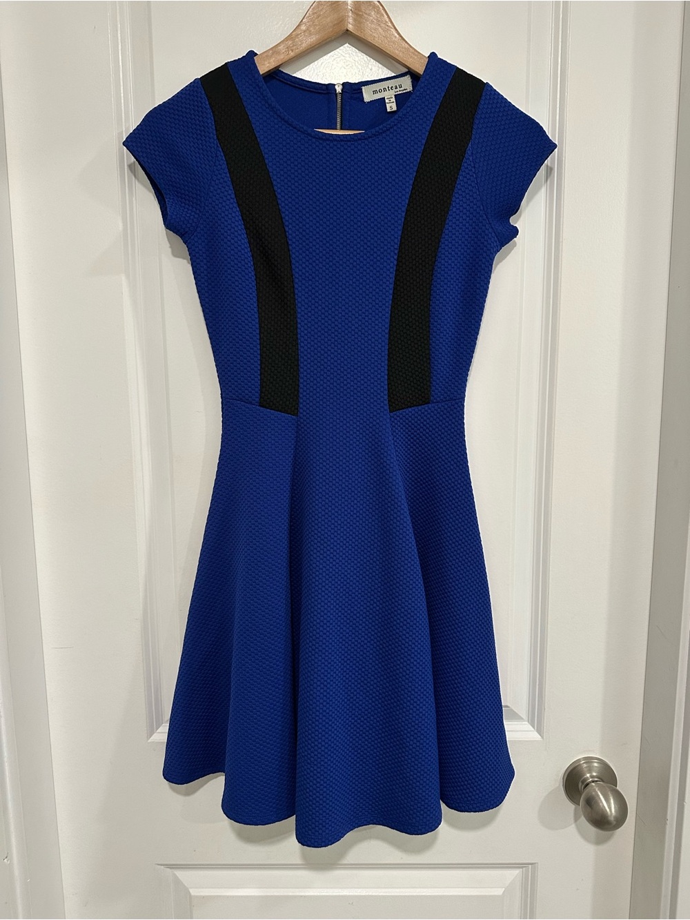 Monteau Royal Blue and Black Short Sleeve Fit & Flare Textured Dress Zipper Back